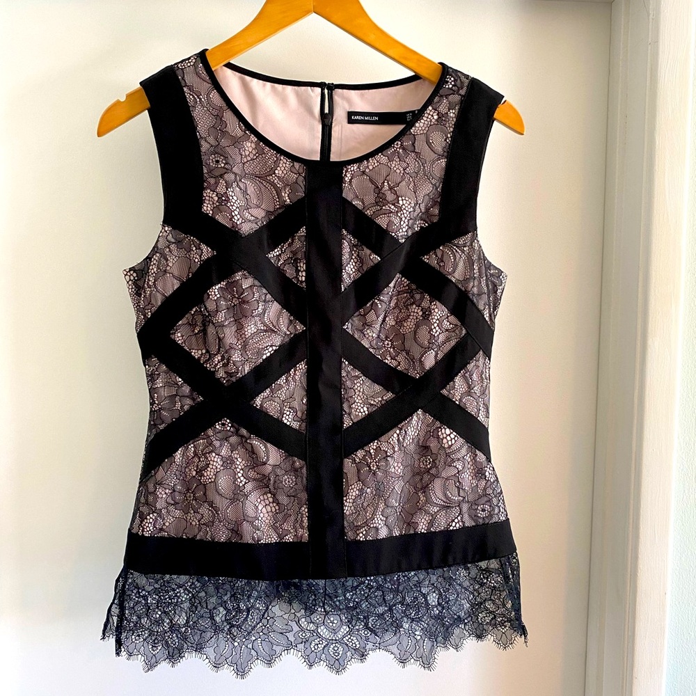 Karen Millen Black Tan/Cream Lace Tank UK 10/US 6